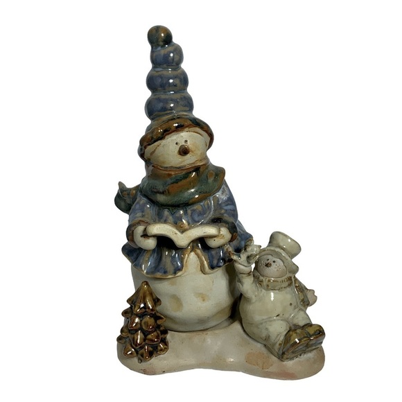 Holiday Candle Holder Set with Snowman Figurine Glazed Ceramic Christmas 2 Piece - Picture 4 of 13